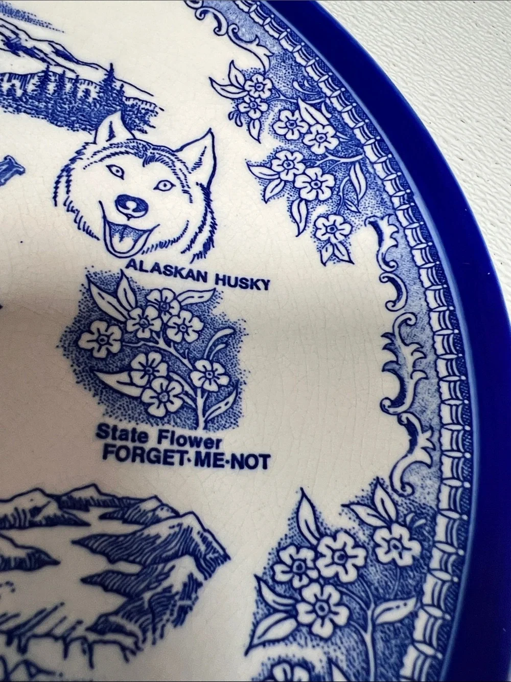Vintage Alaska Travel Souvenir Plate Blue Transferware Japan